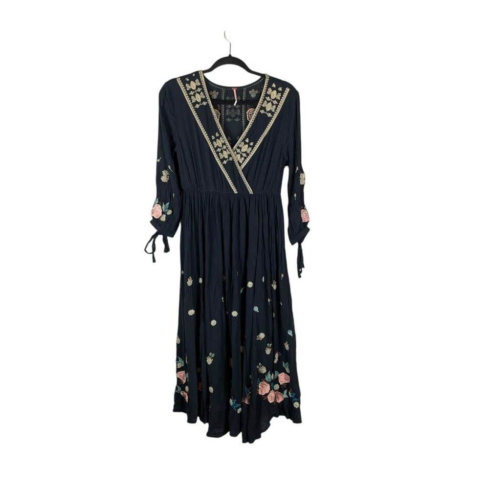 Free People Enchanted Forest Black Embroidered Floral Boho Midi Dress Size Small - Picture 5 of 16